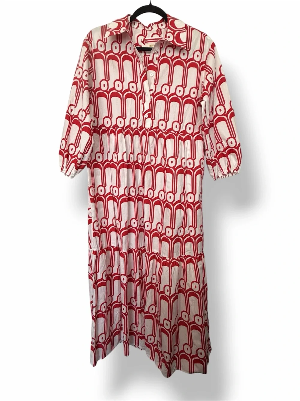 Anthropologie Maeve Bettina Tiered Shirt Midi Dress Red & White